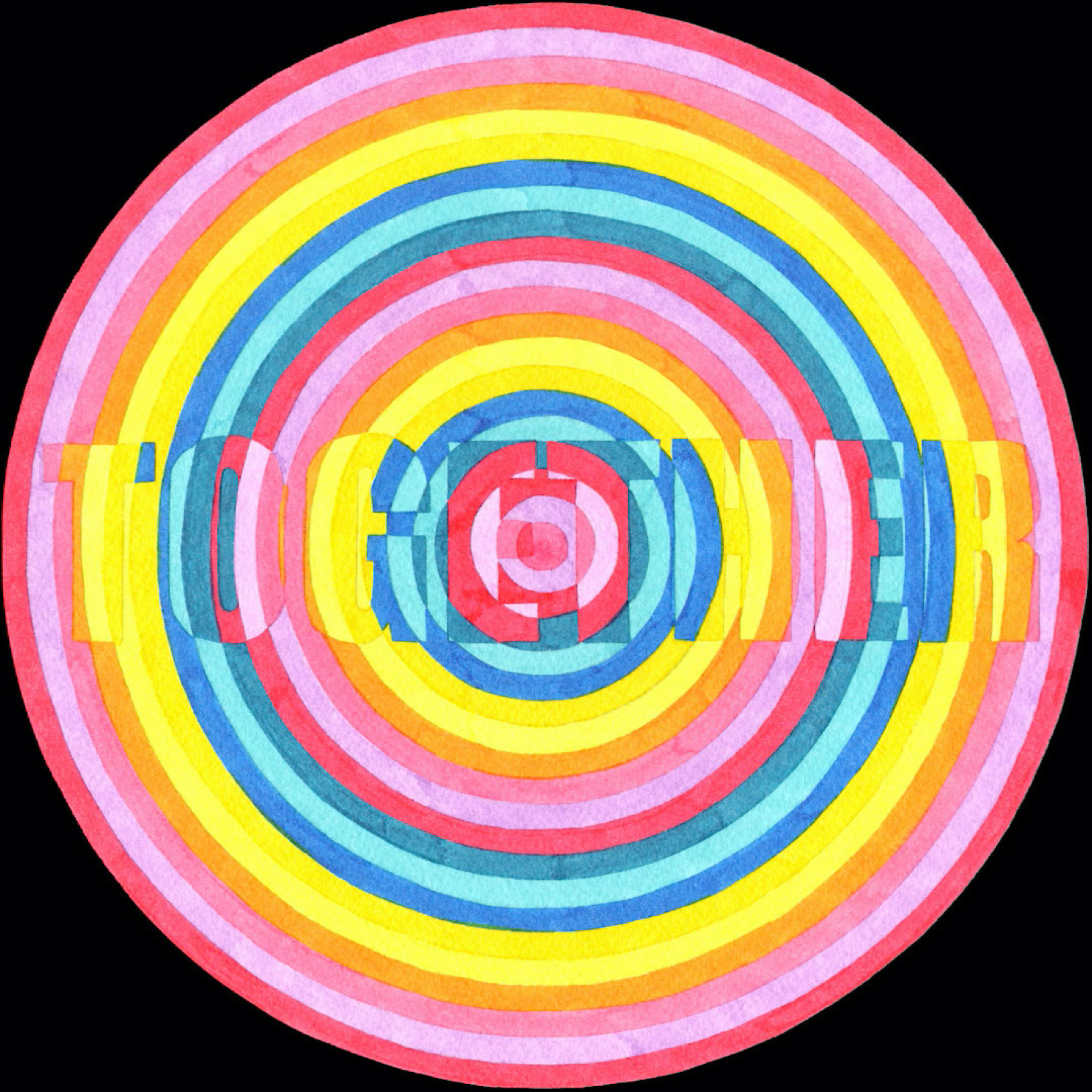 Bright coloured circular artwork with the word 'TOGETHER' faintly legible
