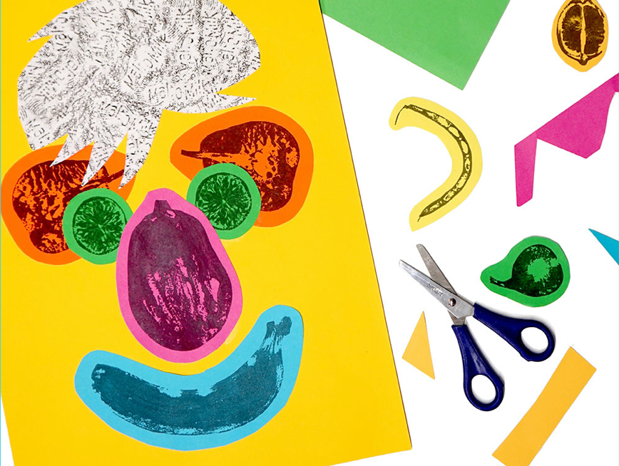 Bright coloured paper cutouts with food imagery