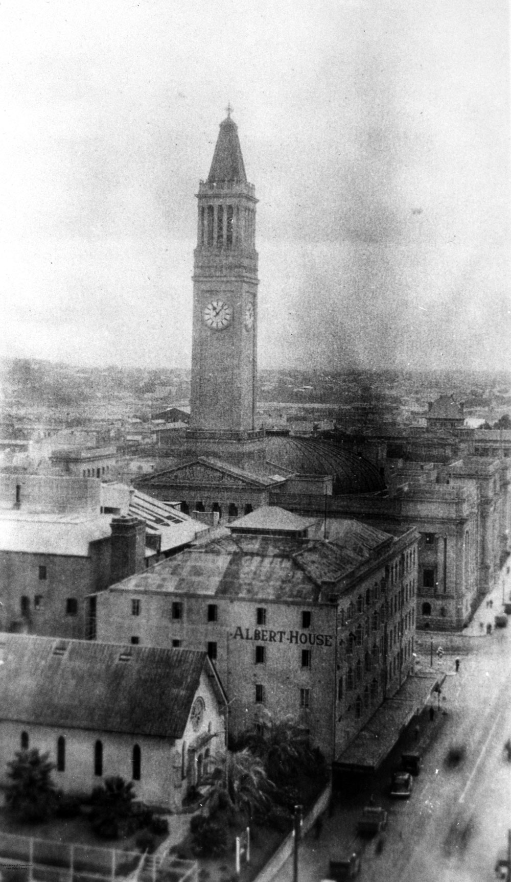 City Hall and surrounding buildings seen from the top of the Canberra Hotel, Ann Street, Brisbane c1936, photograph