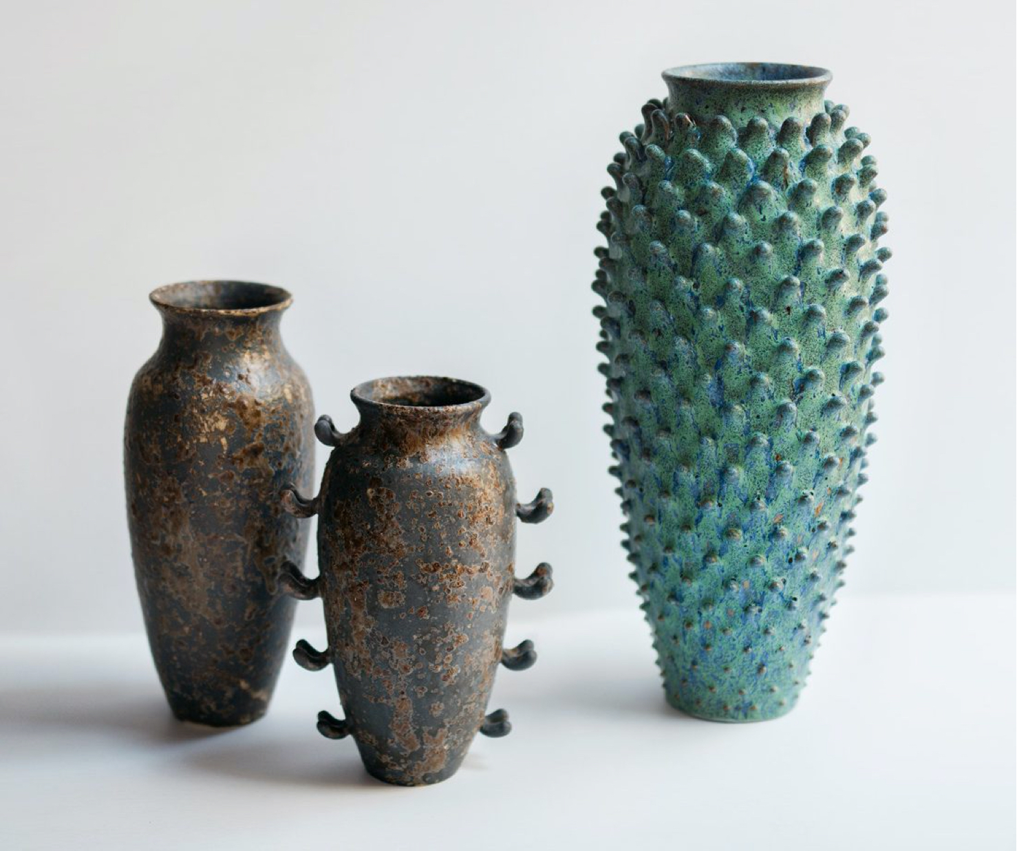 3 Vases, glazed stoneware with hand-sculpted protrusions
