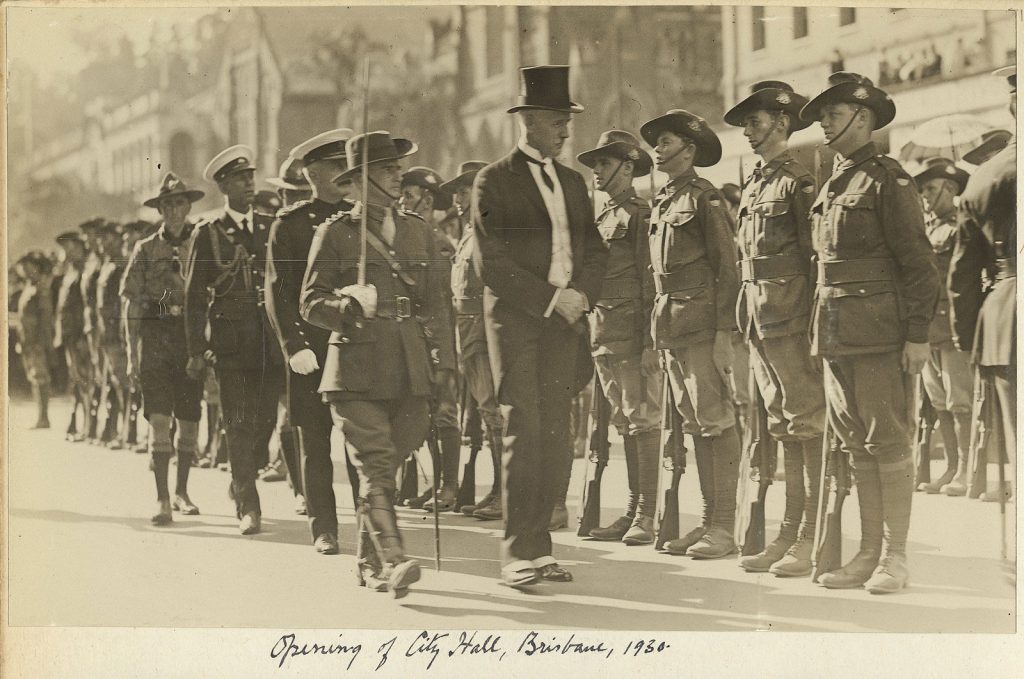 Queensland Governor inspecting troops at the official opening of Brisbane City Hall, 8 April 1930, photograph