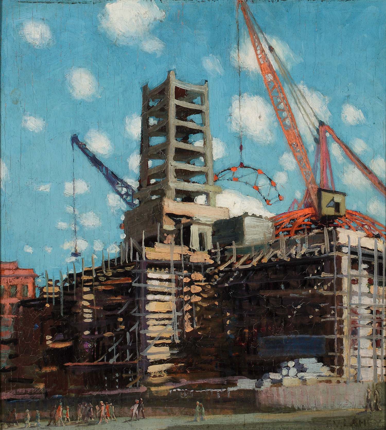 Brisbane City Hall City Hall during construction c1927, oil on plywood. Painted by Vida Lahey.