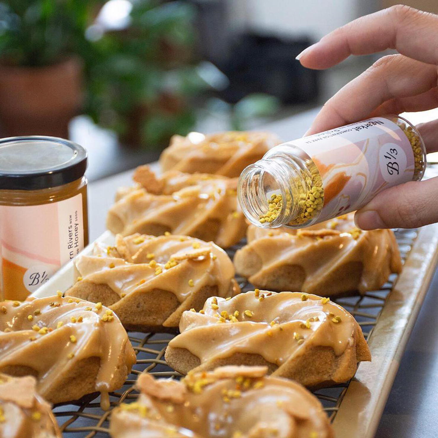 Pollen being sprinkled onto buscuits