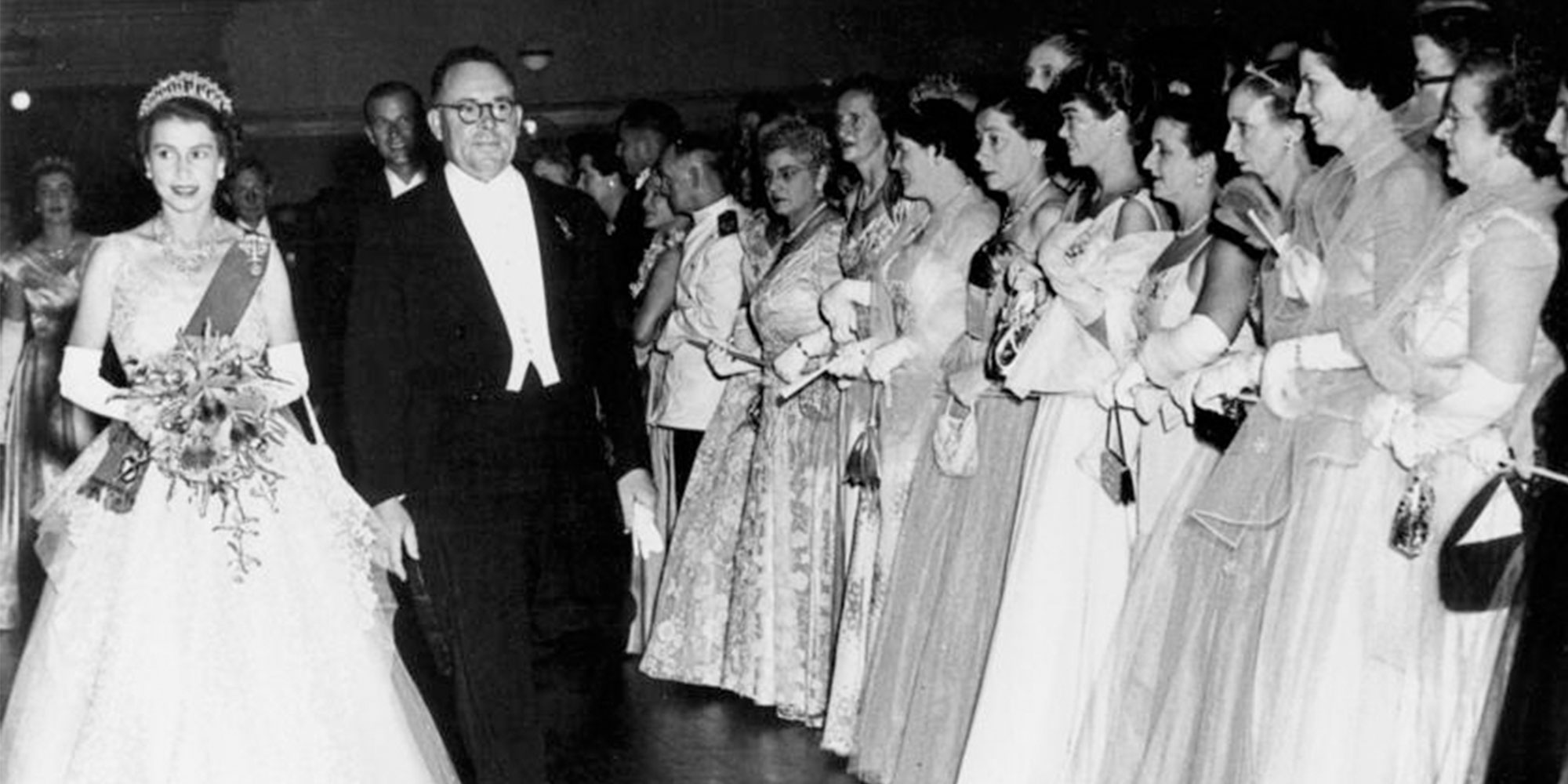 Queen Elizabeth II and the Lord Mayor of Brisbane at the Royal Ball Brisbane, 1954.