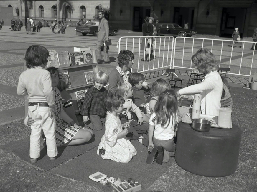Kindercraft Civic Nursery Under 5’s Week Activities in King George Square, 6 June 1975, image courtesy Brisbane City Council.