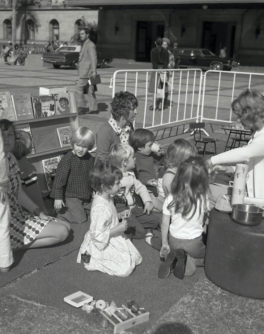Kindercraft Civic Nursery Under 5’s Week Activities in King George Square, 6 June 1975, image courtesy Brisbane City Council.