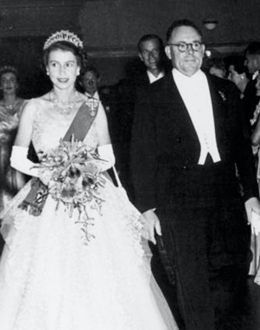 Queen Elizabeth II and the Lord Mayor of Brisbane at the Royal Ball Brisbane, 1954.