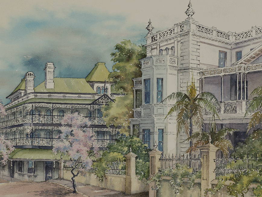 A watercolour painting of the Bellevue Hotel by artist Joan Ricketts.