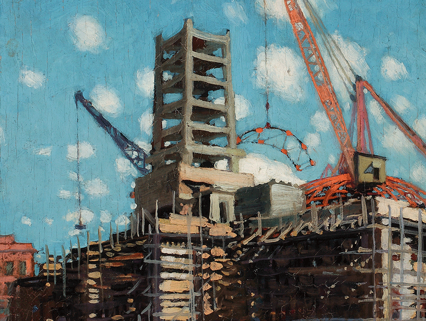 A painting of City Hall during construction by artist Vida Lahey.