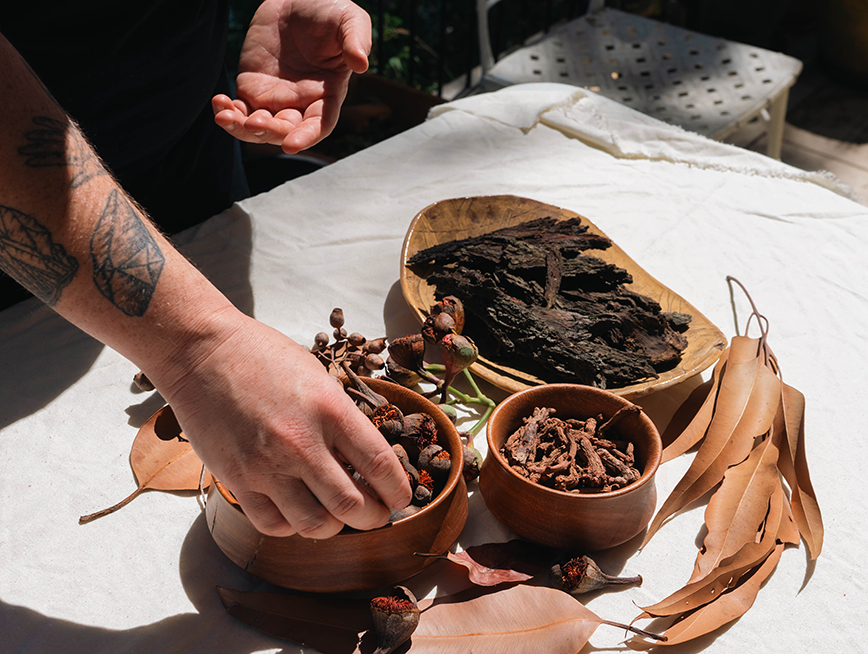 Norton's hand brushing over natural components to dye fabrics