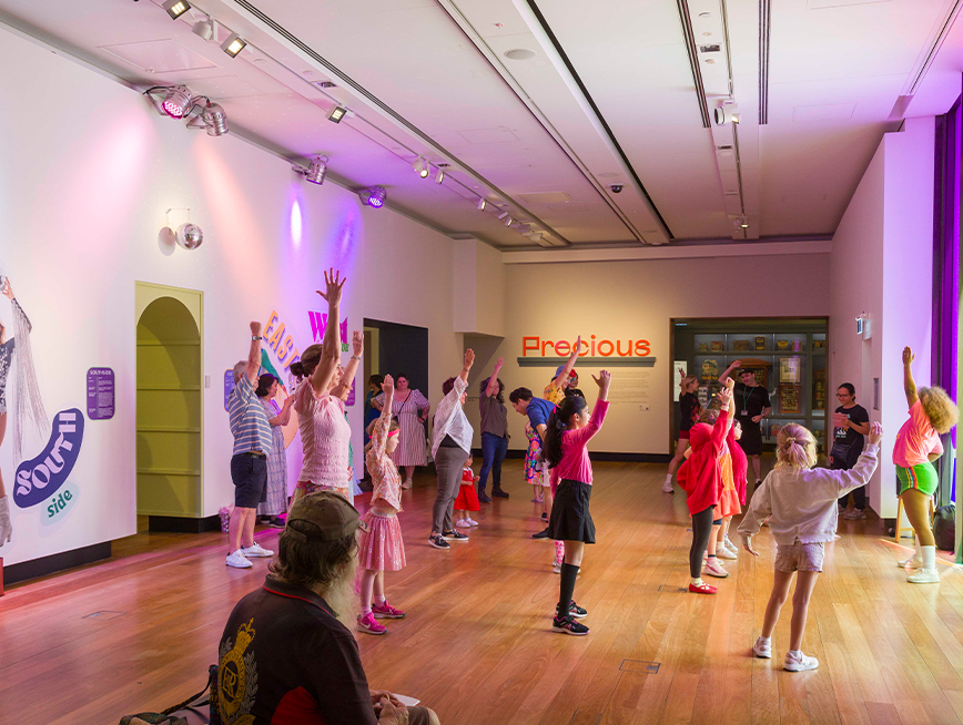 A group of people dancing.