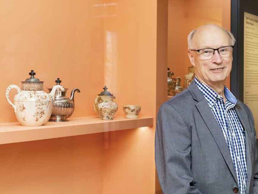 Precious collector, Peter Mayne with his self-pouring tea pots. Photo by Claudia Baxter.