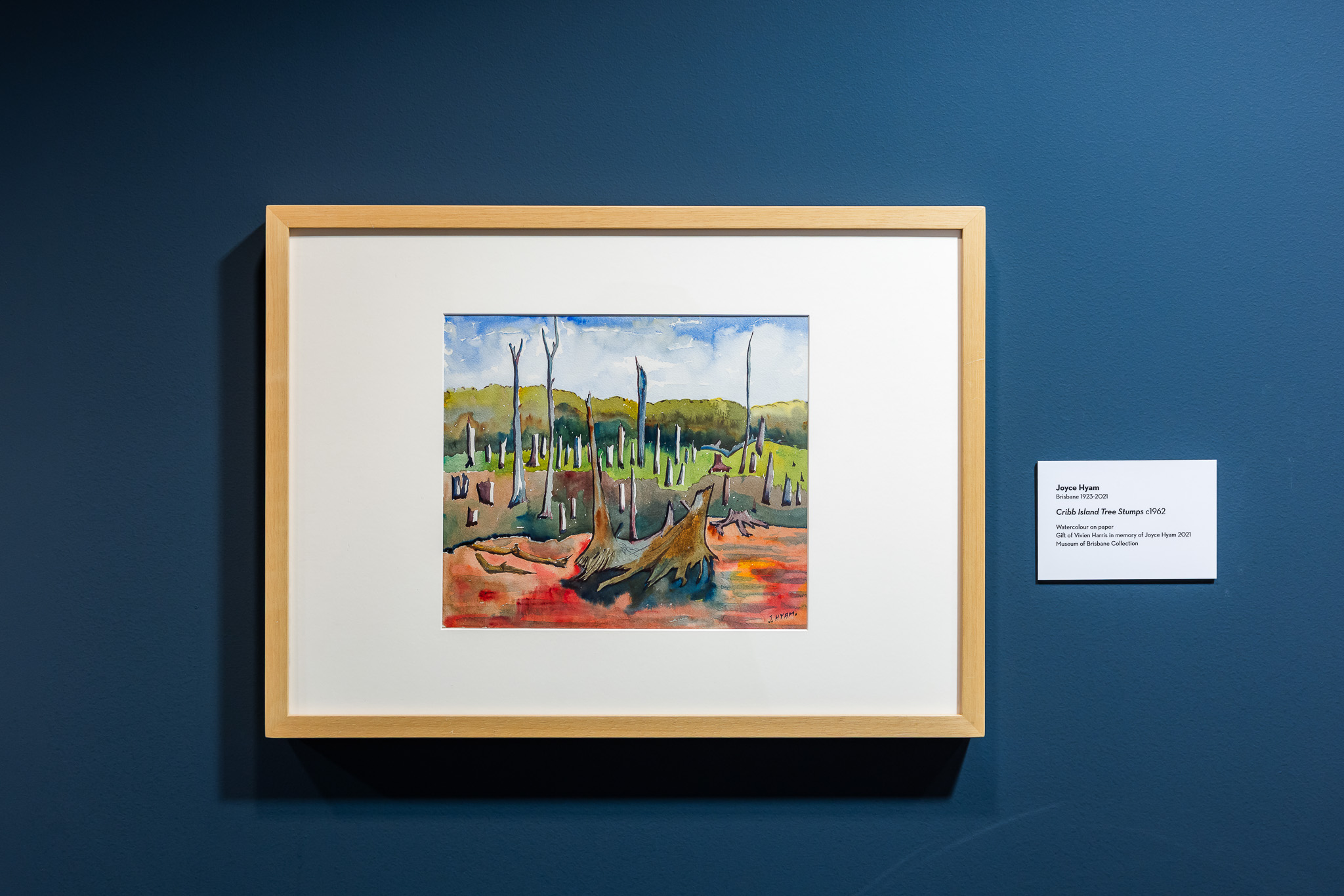 Watercolour painting of Cribb Island tree stumps sticking out of the mud.