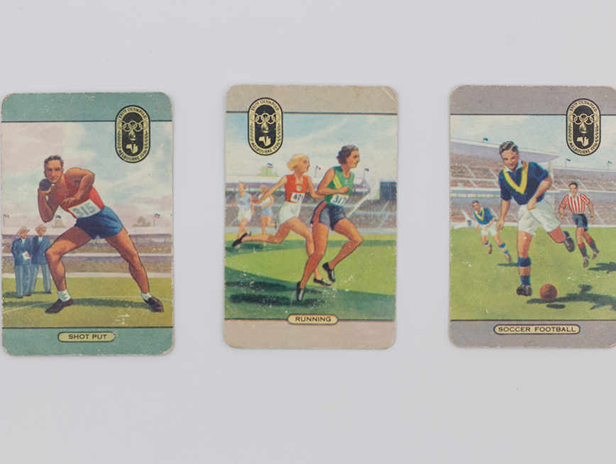 Vintage Olympic cards depicting sport activities in including short push, running and soccer.