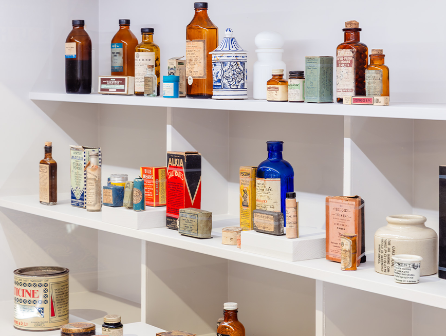 A display of medicine bottles.