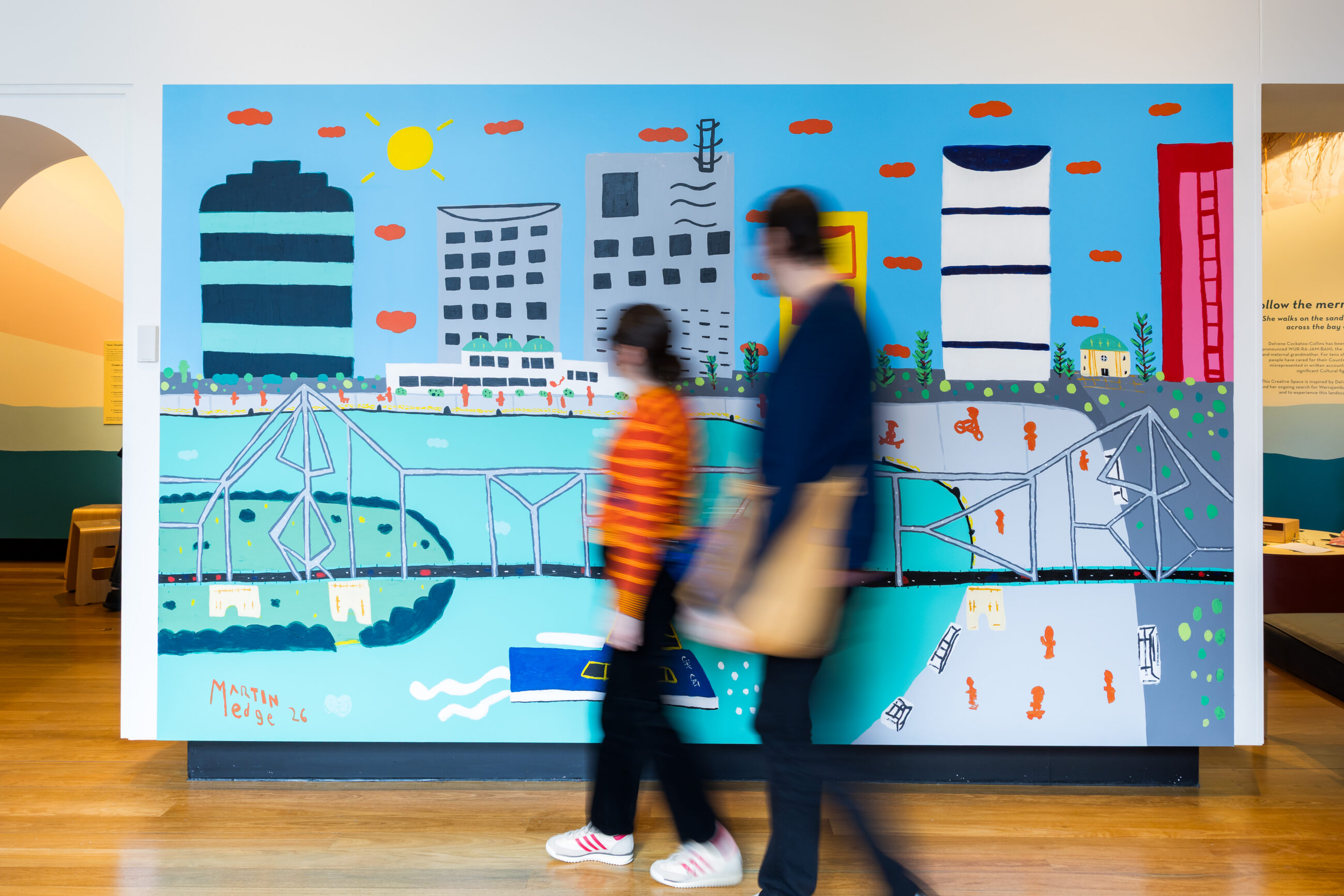 Mural by Martin Edge, painted Brisbane cityscape, and Storybridge. CityCat is seen travelling on the Brisbane River.