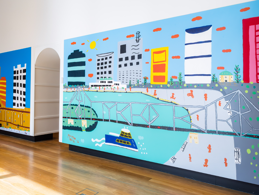 Mural by Martin Edge, painted Brisbane cityscape, and Storybridge. CityCat is seen travelling on the Brisbane River.