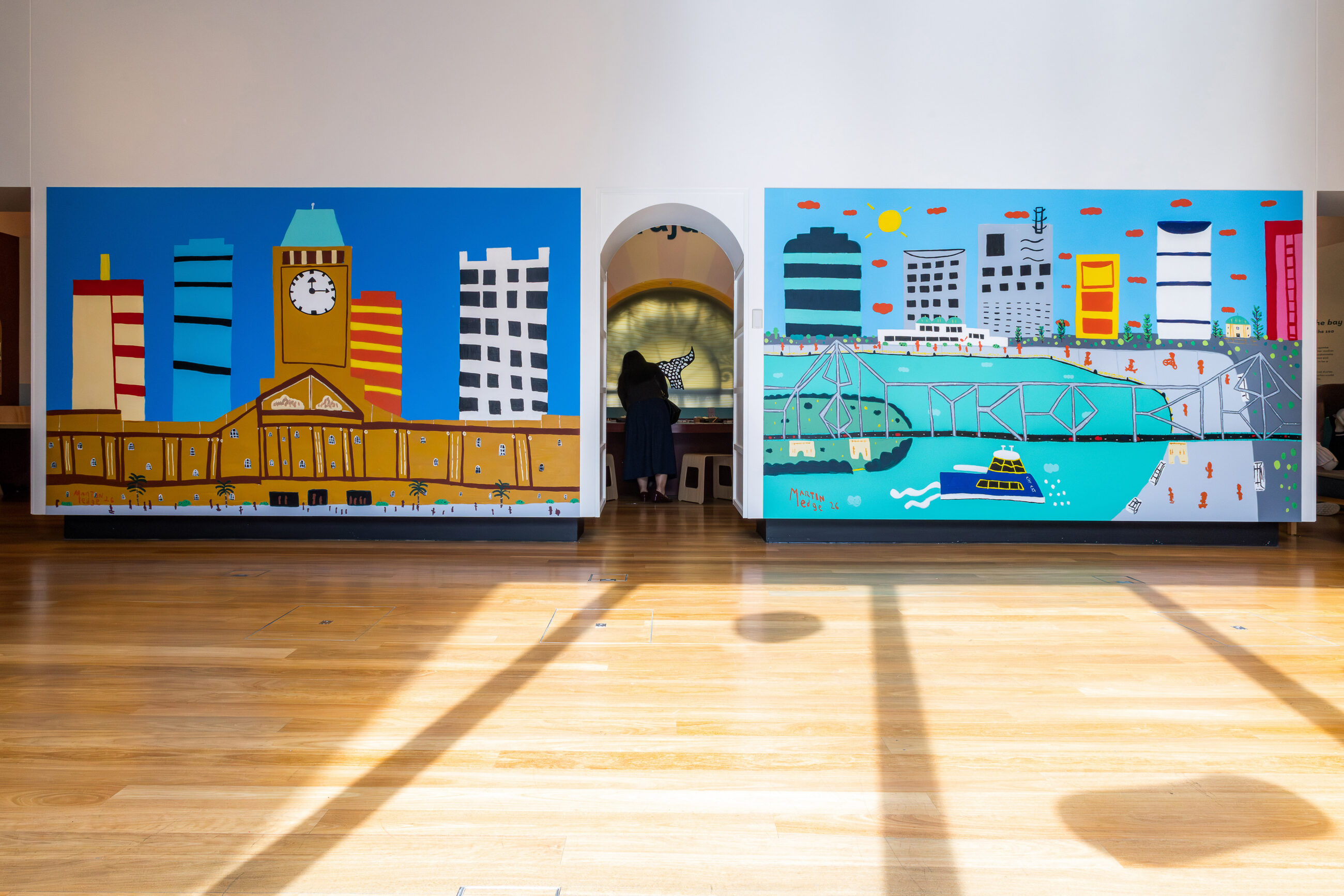 Mural by Martin Edge, painted Brisbane cityscape, and Storybridge. CityCat is seen travelling on the Brisbane River.