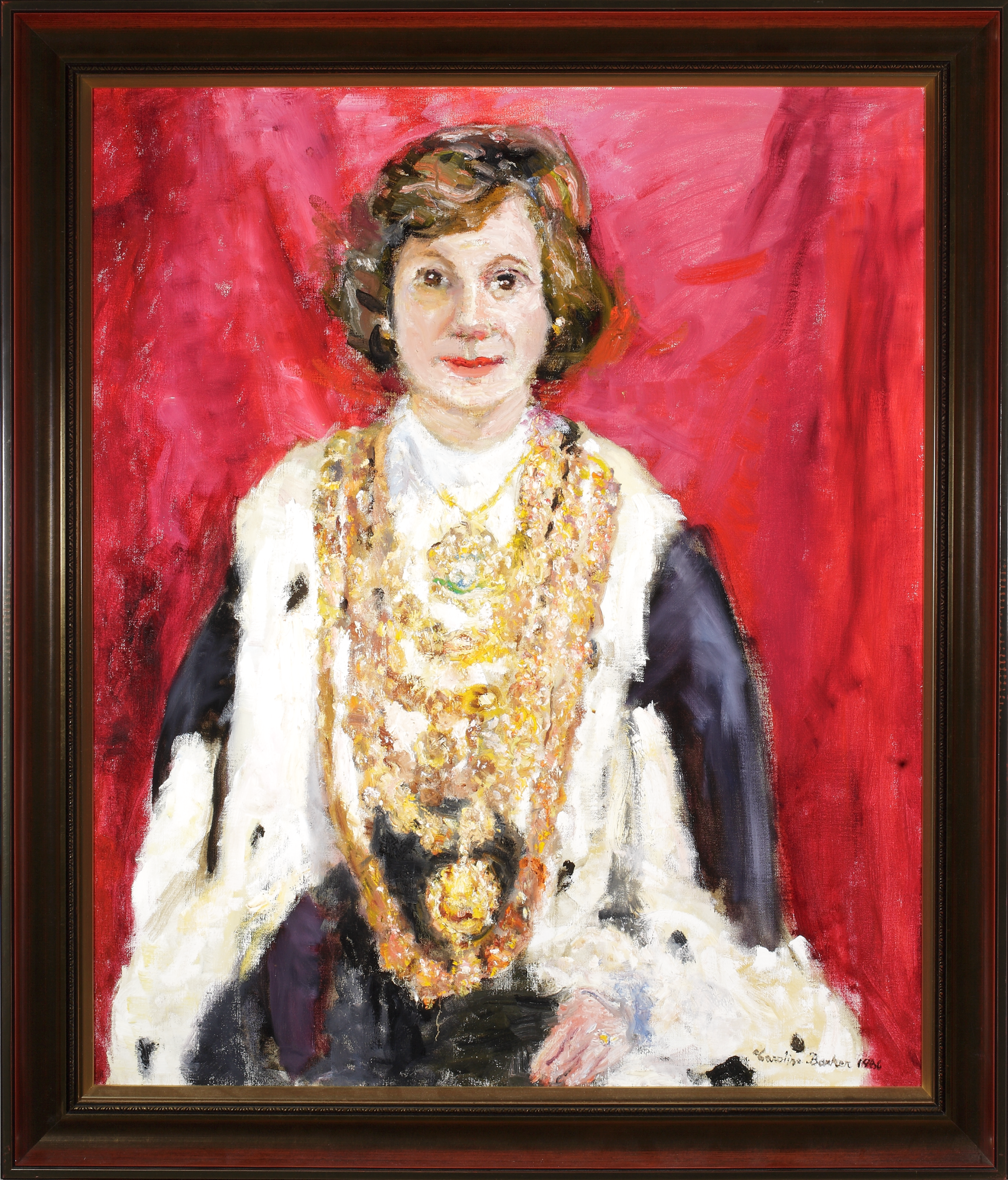 An oil portrait depicts Lord Mayor, Alderman Sallyanne Atkinson in the traditional Mayor’s robe. A rich red backdrop frames her, she faces forward, meeting the viewer's gaze.