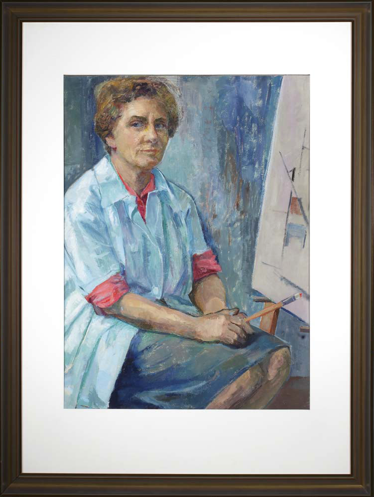 Painted portrait of Daphne Mayo: The artist is depicted seated beside her canvas and easel, holding a paintbrush with one leg crossed to the side. She wears her short brown hair neatly styled and is dressed in a white shirt with the sleeves rolled up, revealing a red garment underneath.