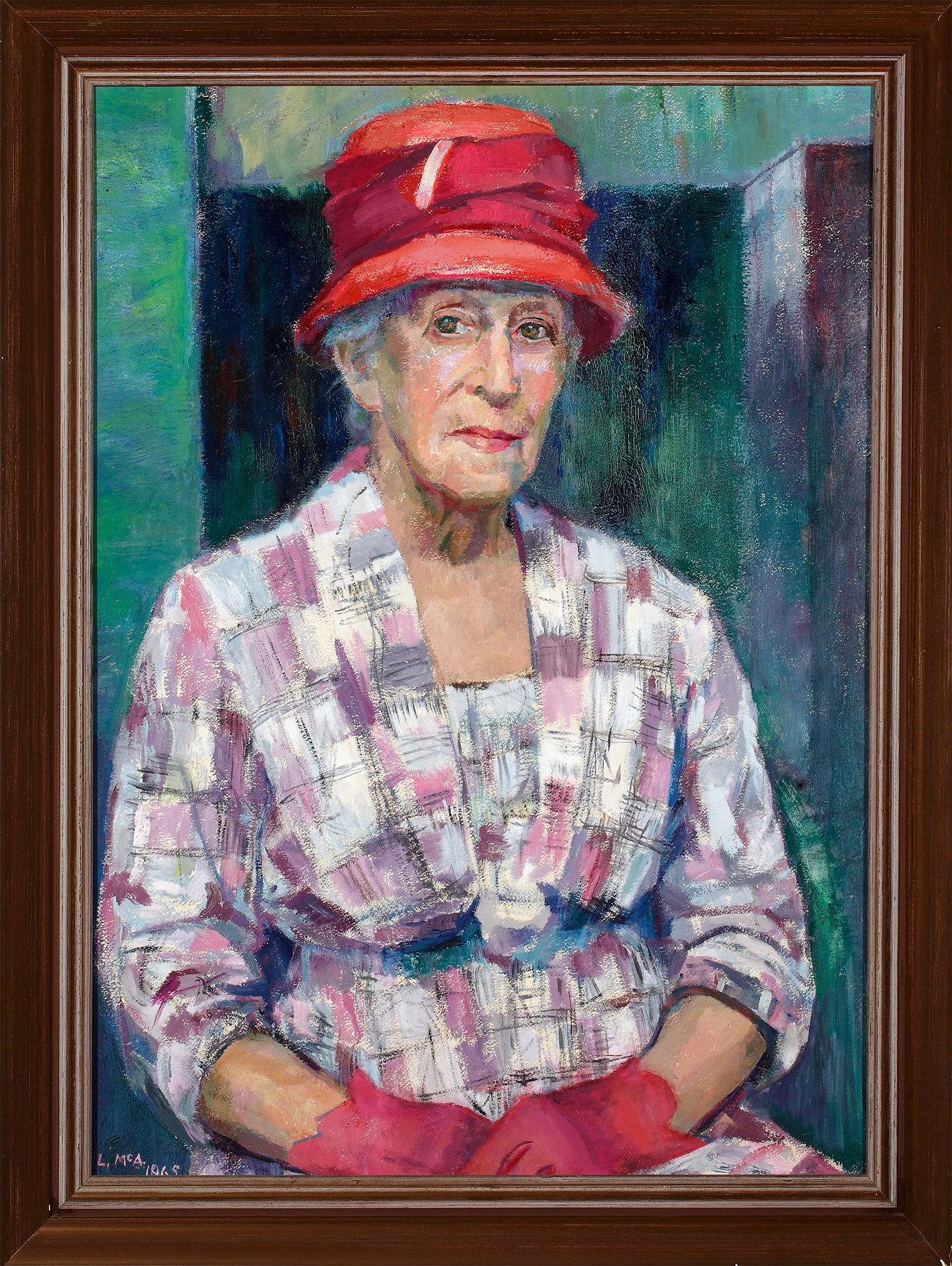A painted portrait of Vida Lahey, with soft white curls, elegantly dressed in a floral gown and coordinated red hat and gloves. Seated gracefully, she gazes directly at the viewer.