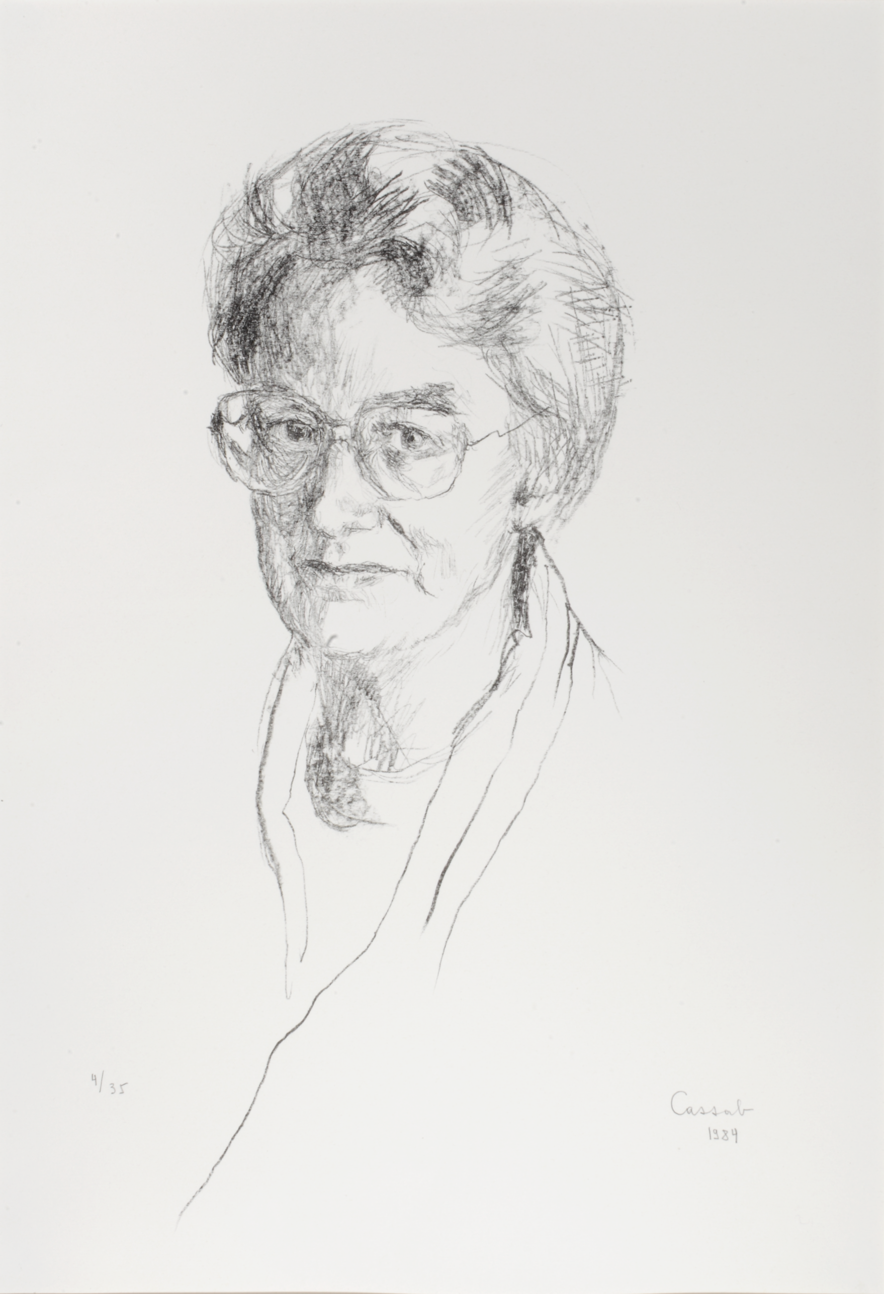 A lithograph on textured Arches paper depicts Judith Wright in expressive line drawings. She has short hair and wears glasses, facing forward and gazing directly at the viewer.