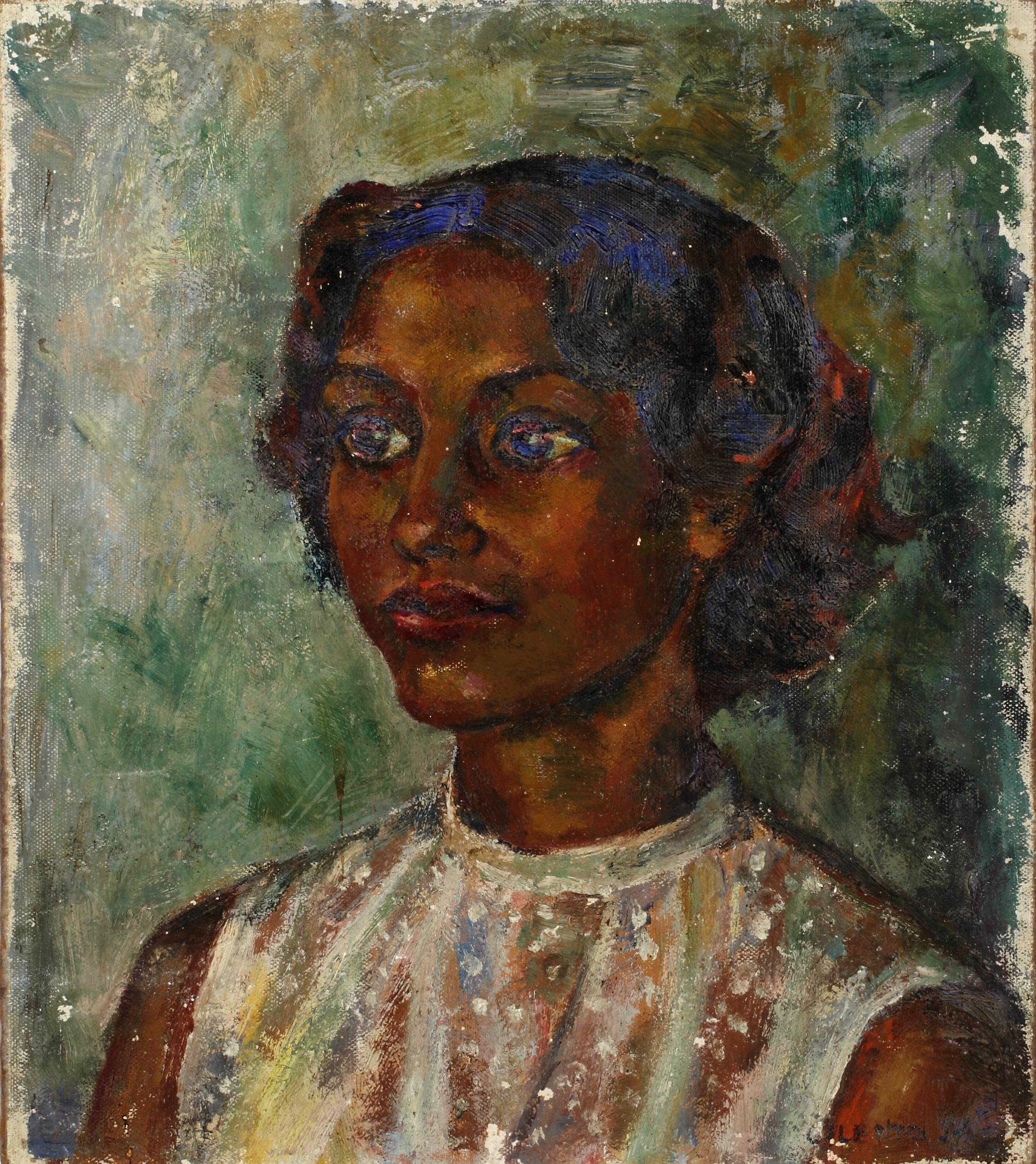 A painted portrait of Oodgeroo Noonuccal, shown from the chest up against a rich green background. She wears a simple white top.