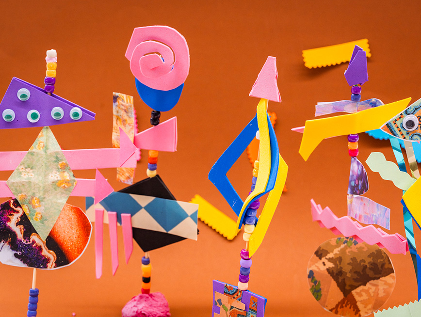 Sculptures made of paper and stickers and tape
