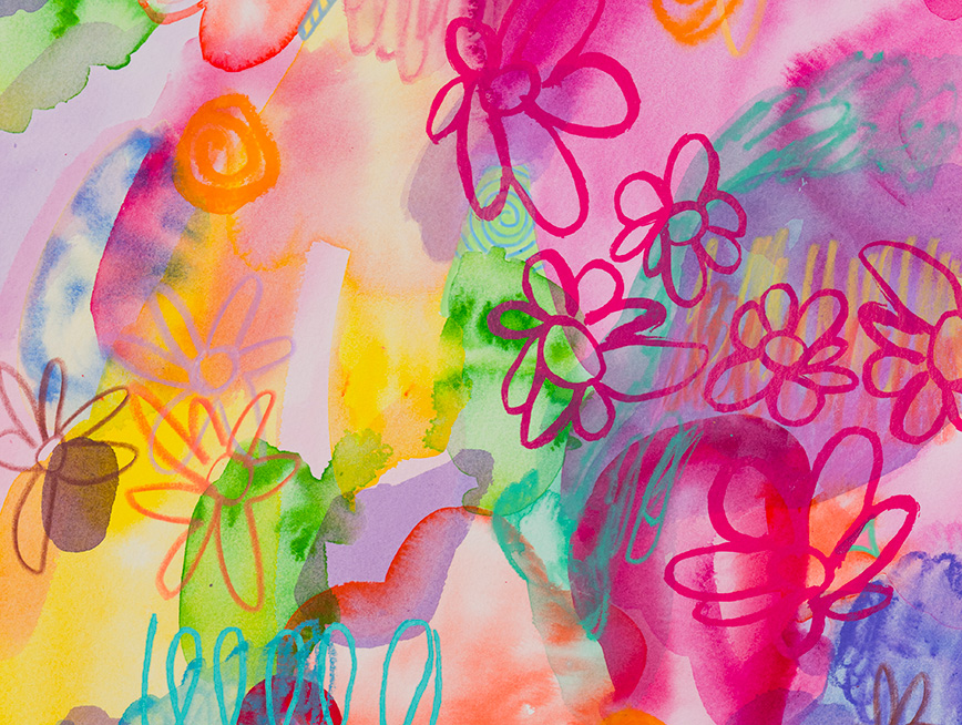 Watercolour and abstract flower scribbles cover the page