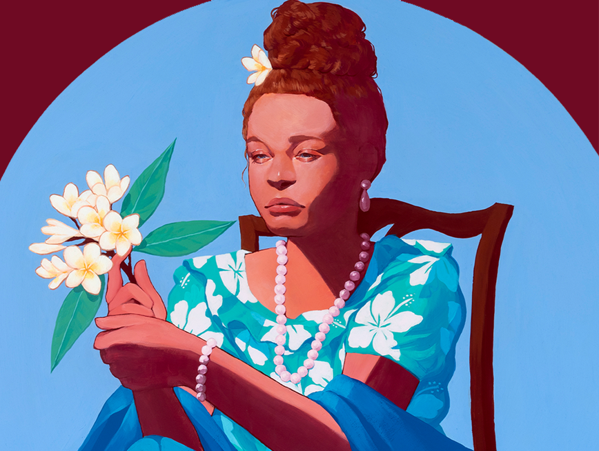A person in a turquoise dress with a floral pattern sits on a wooden chair, holding a branch of white flowers and wearing pearl earrings and necklace, set against a blue background within a circular frame.