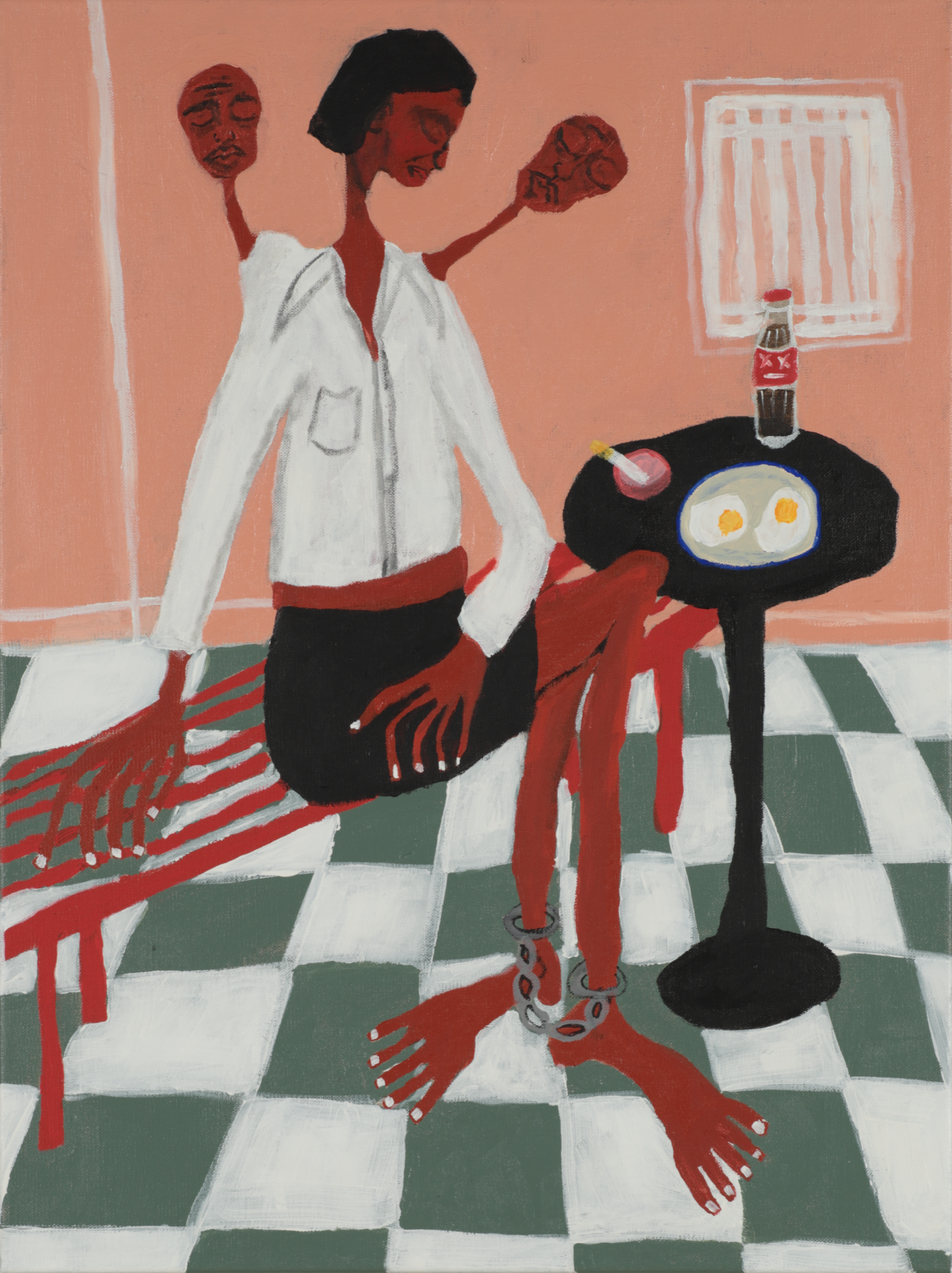A surreal painting features a person with extended limbs, a white shirt, and a black skirt, seated on a red bench with three heads on long necks, handcuffed feet, and a table holding a drink and a plate with two eggs, set against a peach background with a checkered floor.