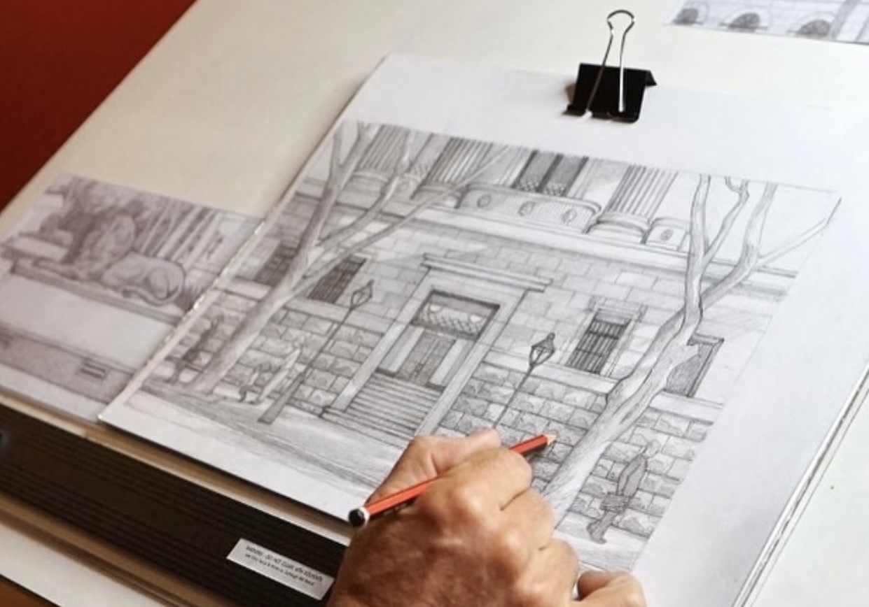 Robert Brownhall sketching Adelaide street entrance during his residency at Museum of Brisbane.