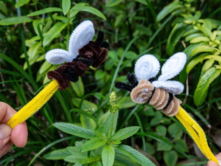 Two native bees made from pipe cleaners pictured in front of outdoor plants.