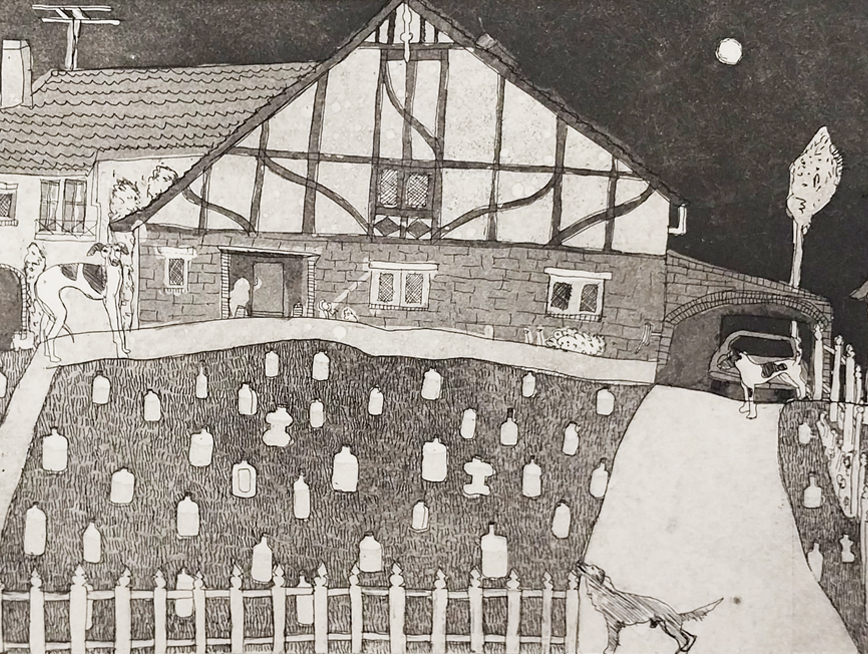 A house under the moonlight. Four dogs standing outside a big garden.
